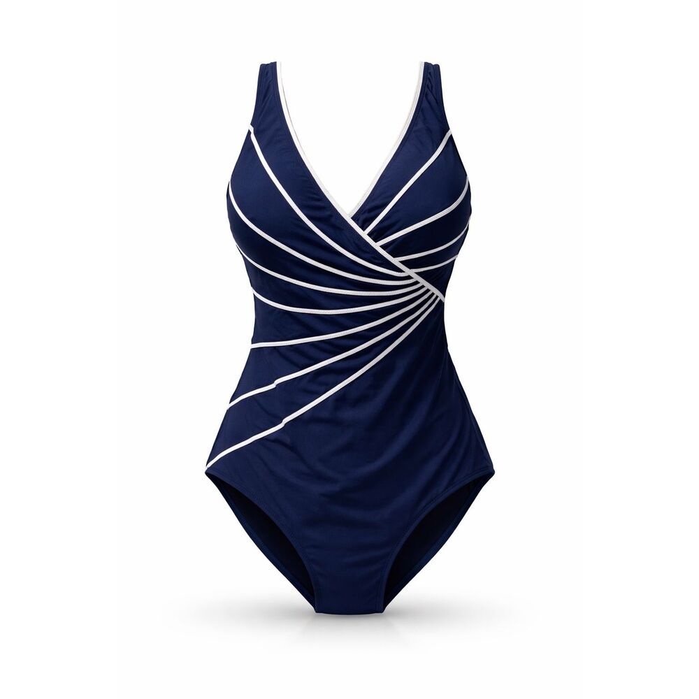 Gottex Navy Blue One Piece Swimsuit US 12 White Trim Ruched Designer Shaping Swi